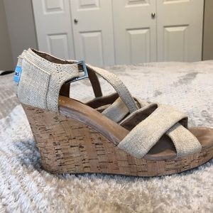 Toms Beige Cork Wedge Sandal, Size 8, Worn Once